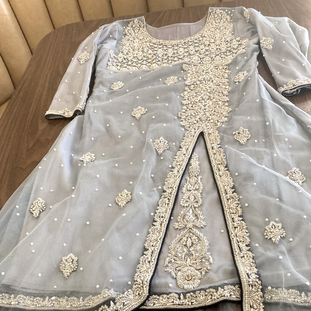 Elegant Embroidered Dress in grey and navy blue and Silver maxi frock